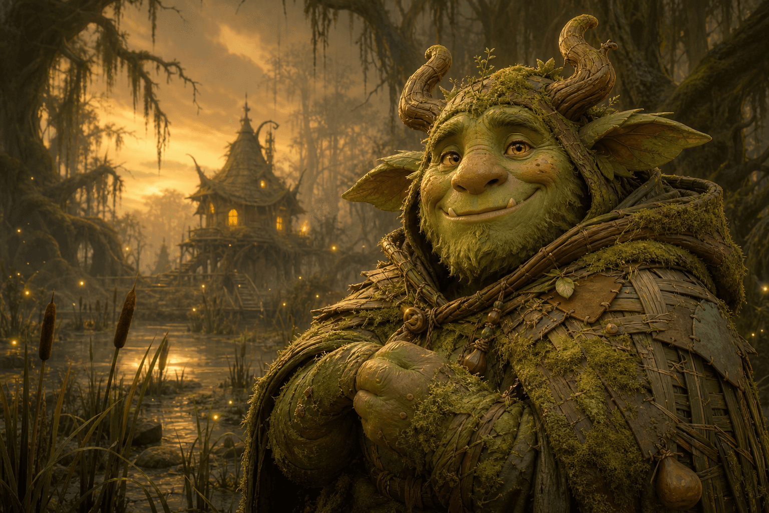 A friendly green marsh guardian in a glowing storybook swamp